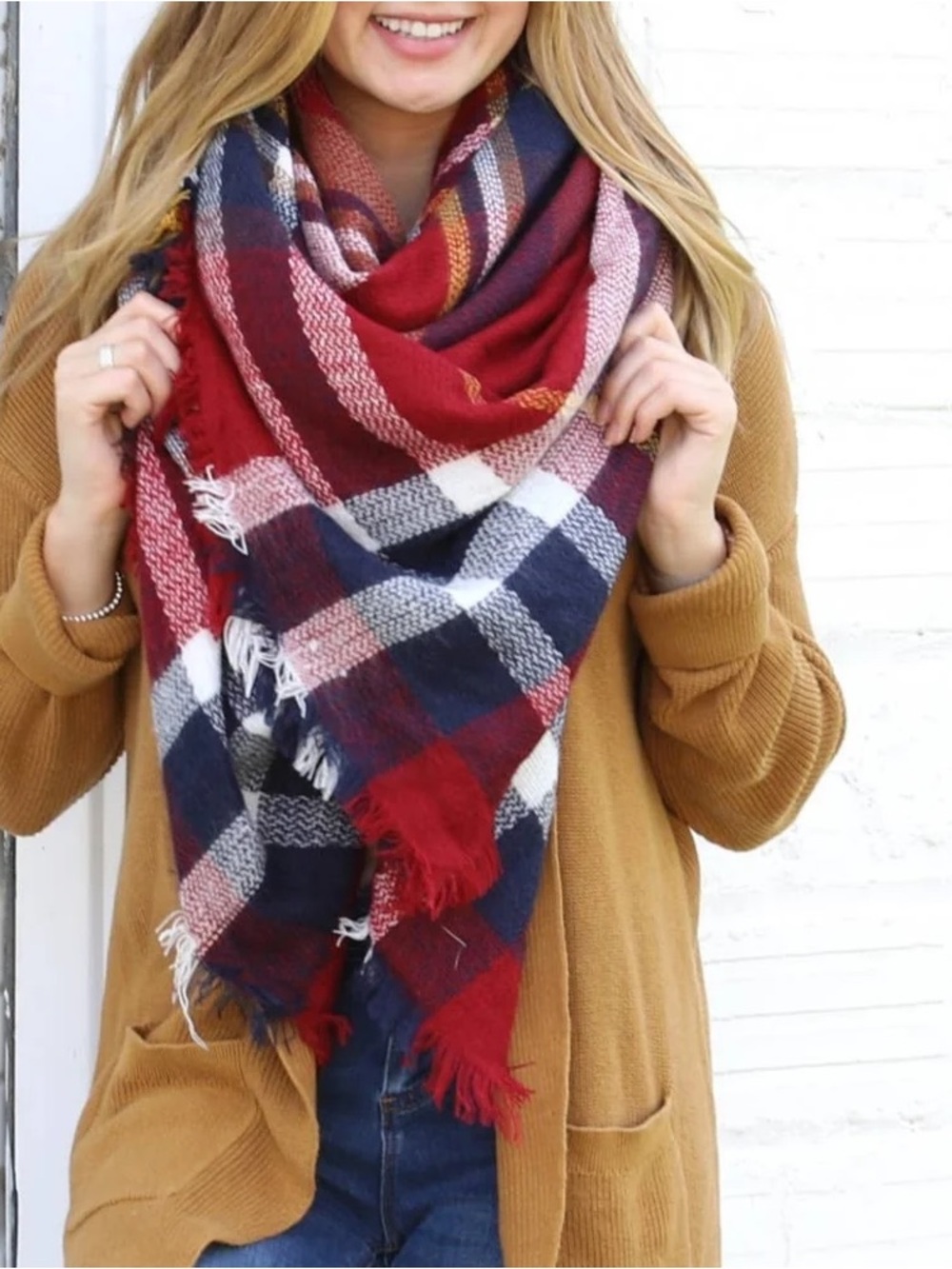 Garage Plaid Blanket Scarf in Red, Navy & White